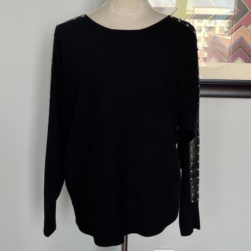 Sioni NWT Black Faux Leather/Metal Stud Sweater L